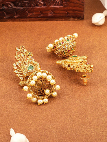 Rubans 22K Gold-Plated Ruby, Emerald & Cubic Zirconia Studded Temple Jhumkas with Pearl Drops Earrings