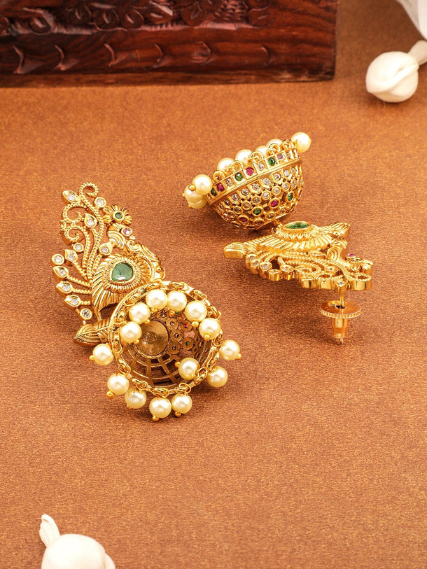 Rubans 22K Gold-Plated Ruby, Emerald & Cubic Zirconia Studded Temple Jhumkas with Pearl Drops Earrings