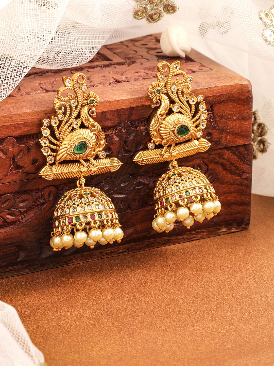 Rubans 22K Gold-Plated Ruby, Emerald & Cubic Zirconia Studded Temple Jhumkas with Pearl Drops Earrings