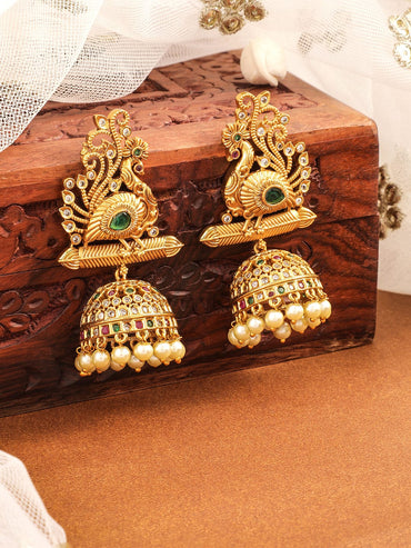 Rubans 22K Gold-Plated Ruby, Emerald & Cubic Zirconia Studded Temple Jhumkas with Pearl Drops Earrings