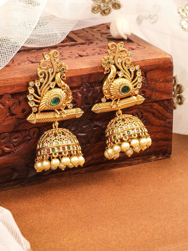 Rubans 22K Gold-Plated Ruby, Emerald & Cubic Zirconia Studded Temple Jhumkas with Pearl Drops Earrings