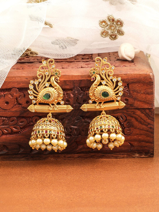 Rubans 22K Gold-Plated Ruby, Emerald & Cubic Zirconia Studded Temple Jhumkas with Pearl Drops Earrings