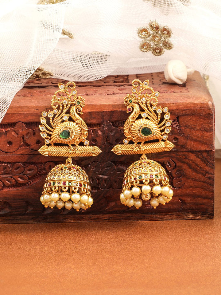 Rubans 22K Gold-Plated Ruby, Emerald & Cubic Zirconia Studded Temple Jhumkas with Pearl Drops Earrings