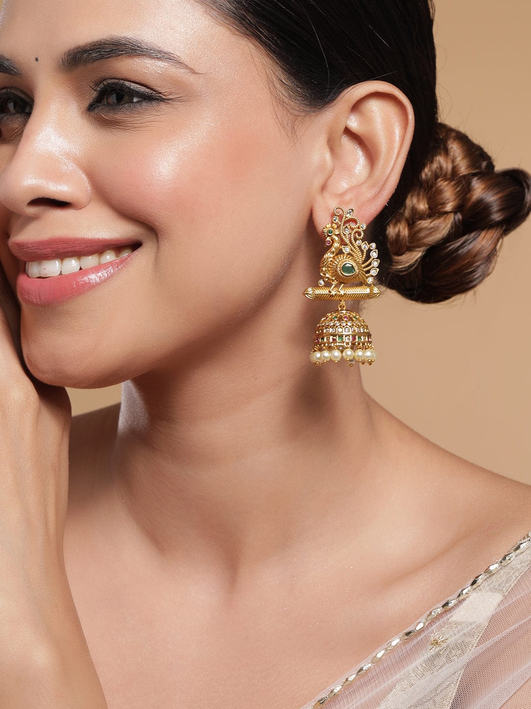 Rubans 22K Gold-Plated Ruby, Emerald & Cubic Zirconia Studded Temple Jhumkas with Pearl Drops Jhumkas