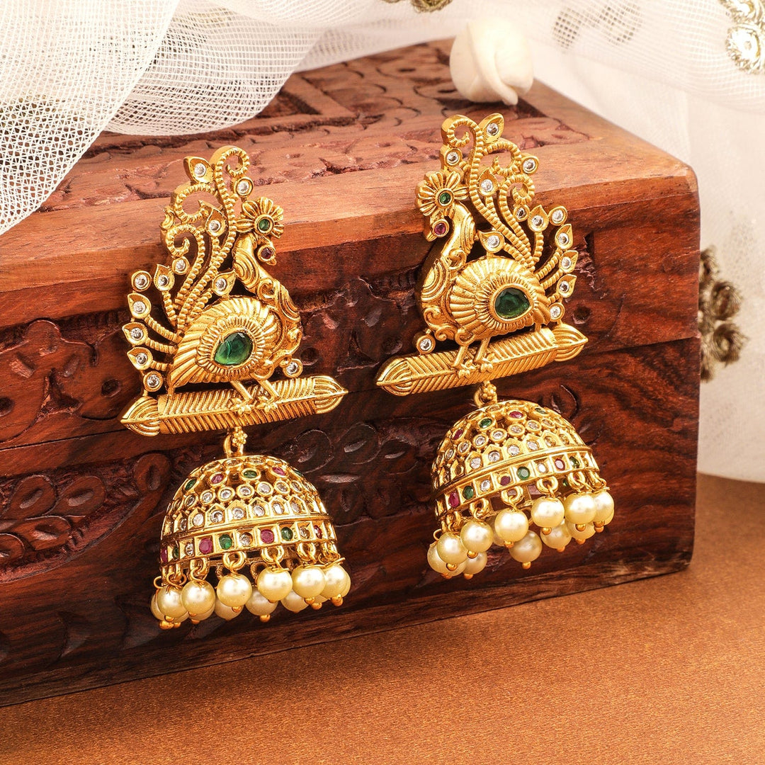 Rubans 22K Gold-Plated Ruby, Emerald & Cubic Zirconia Studded Temple Jhumkas with Pearl Drops Jhumkas