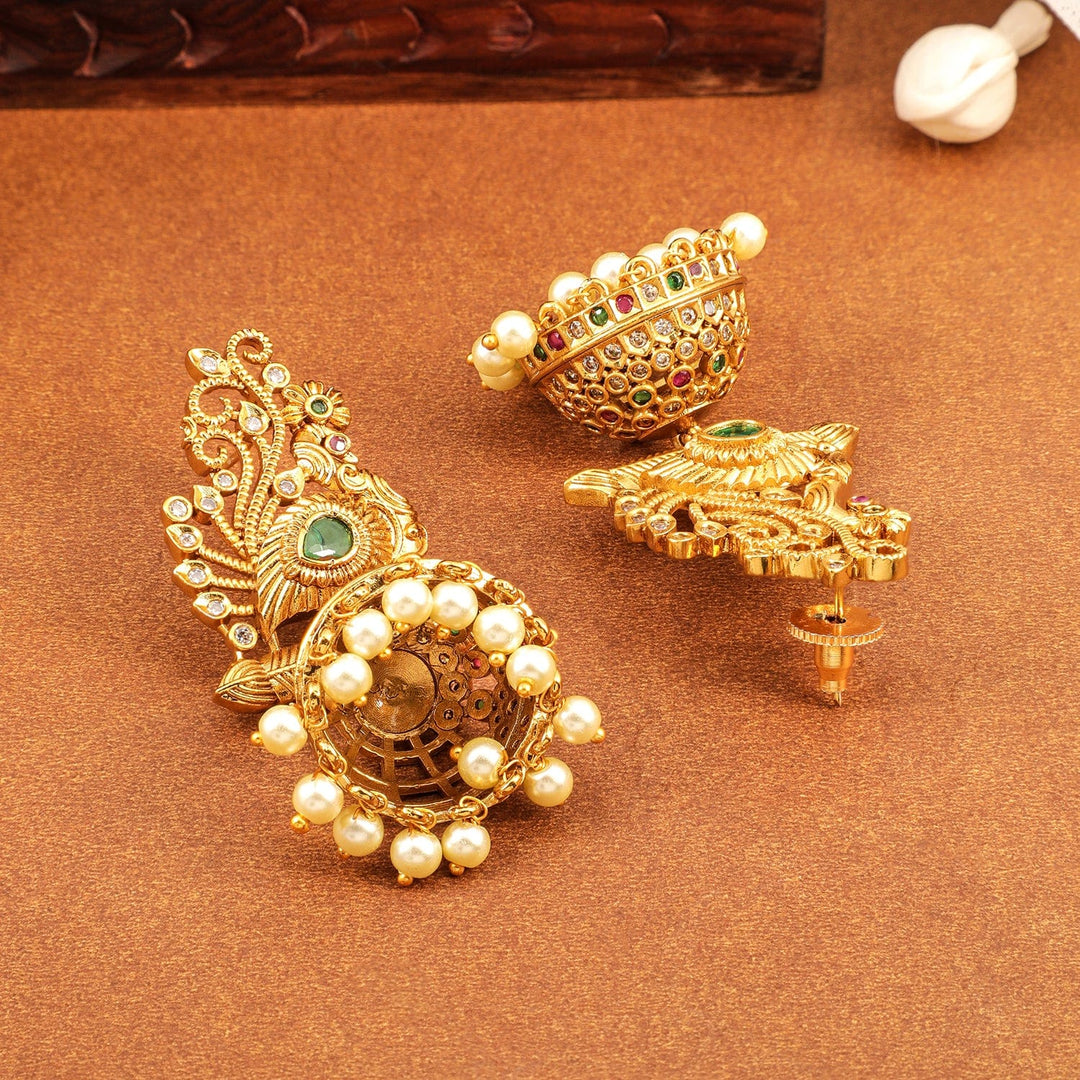 Rubans 22K Gold-Plated Ruby, Emerald & Cubic Zirconia Studded Temple Jhumkas with Pearl Drops Jhumkas