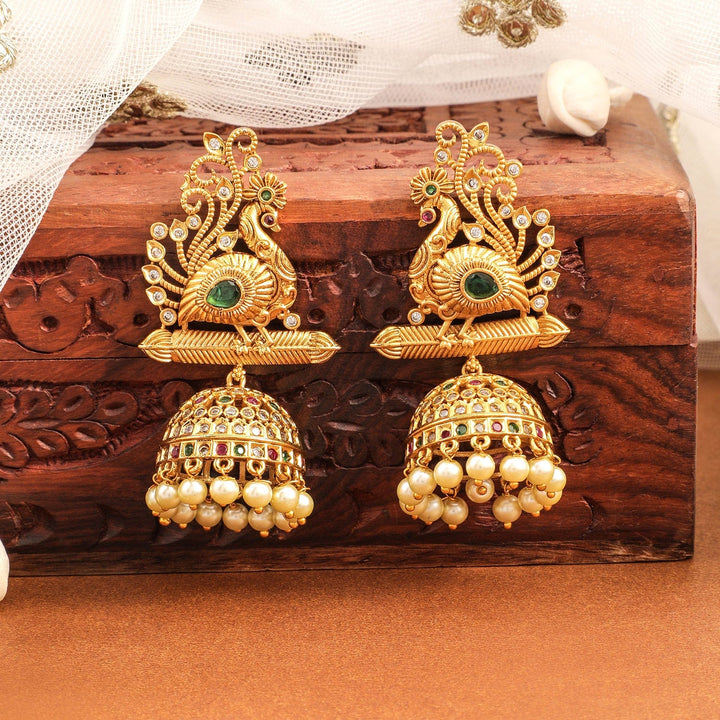 Rubans 22K Gold-Plated Ruby, Emerald & Cubic Zirconia Studded Temple Jhumkas with Pearl Drops Jhumkas