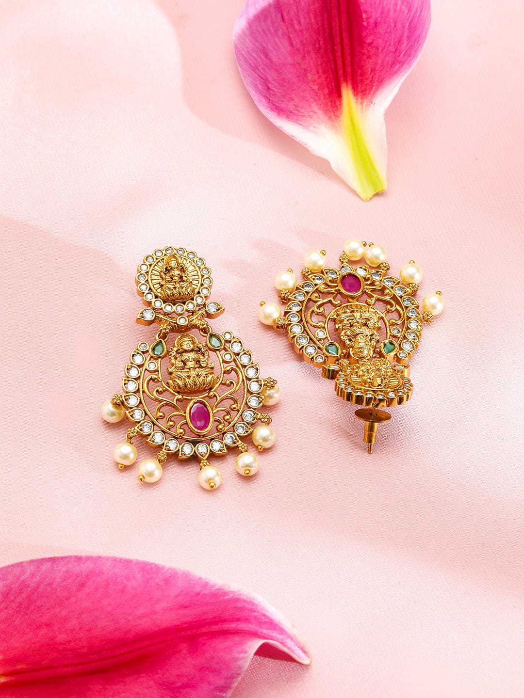 Rubans 22K Gold-Plated Ruby Emerald & CZ Divine Lakshmi Motif Temple Chandbalis Earrings