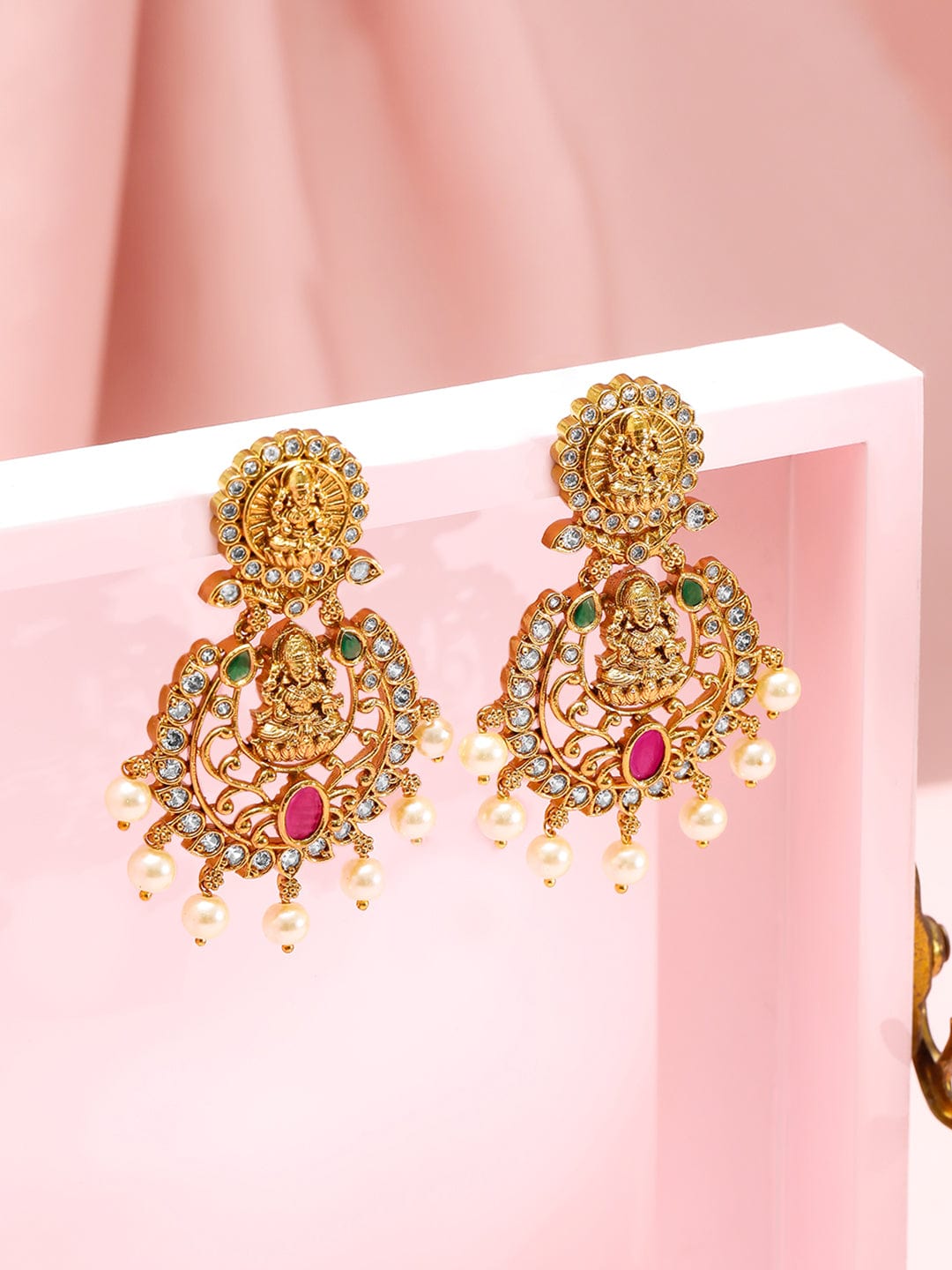 Rubans 22K Gold-Plated Ruby Emerald & CZ Divine Lakshmi Motif Temple Chandbalis Earrings