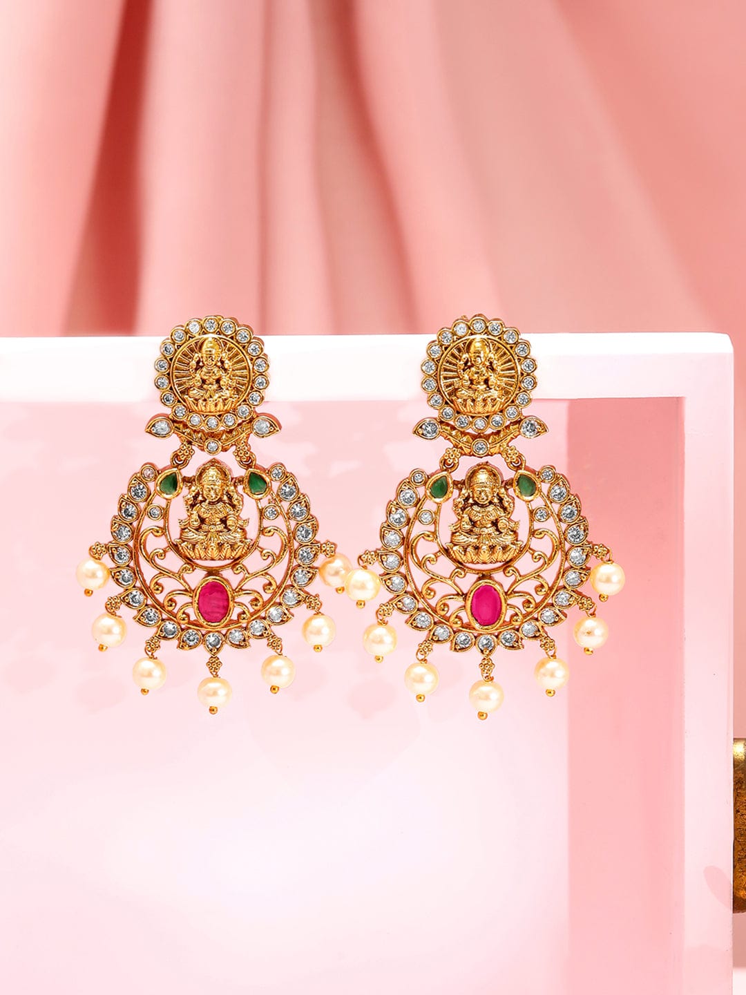 Rubans 22K Gold-Plated Ruby Emerald & CZ Divine Lakshmi Motif Temple Chandbalis Earrings