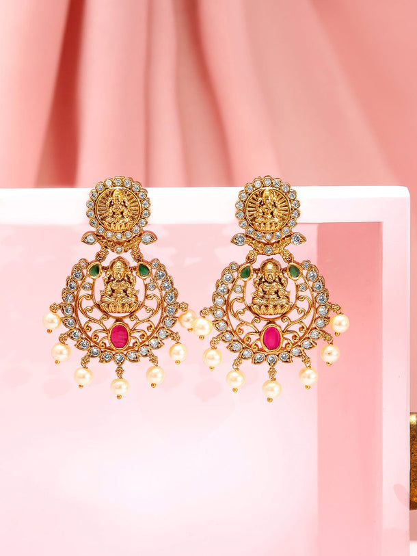 Rubans 22K Gold-Plated Ruby Emerald & CZ Divine Lakshmi Motif Temple Chandbalis Earrings