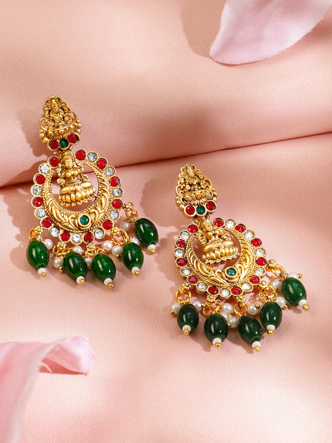 Rubans 22K Gold-Plated Ruby & Emerald Green Cubic Zirconia Studded Temple Choker Set with Green Pearls Beads Jewellery Set