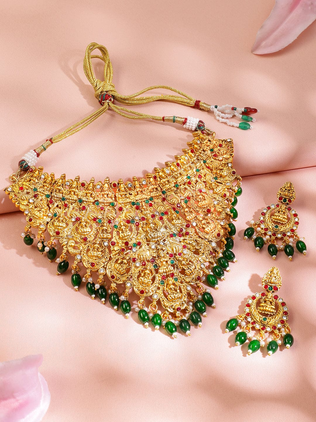 Rubans 22K Gold-Plated Ruby & Emerald Green Cubic Zirconia Studded Temple Choker Set with Green Pearls Beads Jewellery Set