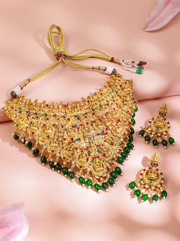 Rubans 22K Gold-Plated Ruby & Emerald Green Cubic Zirconia Studded Temple Choker Set with Green Pearls Beads Jewellery Set