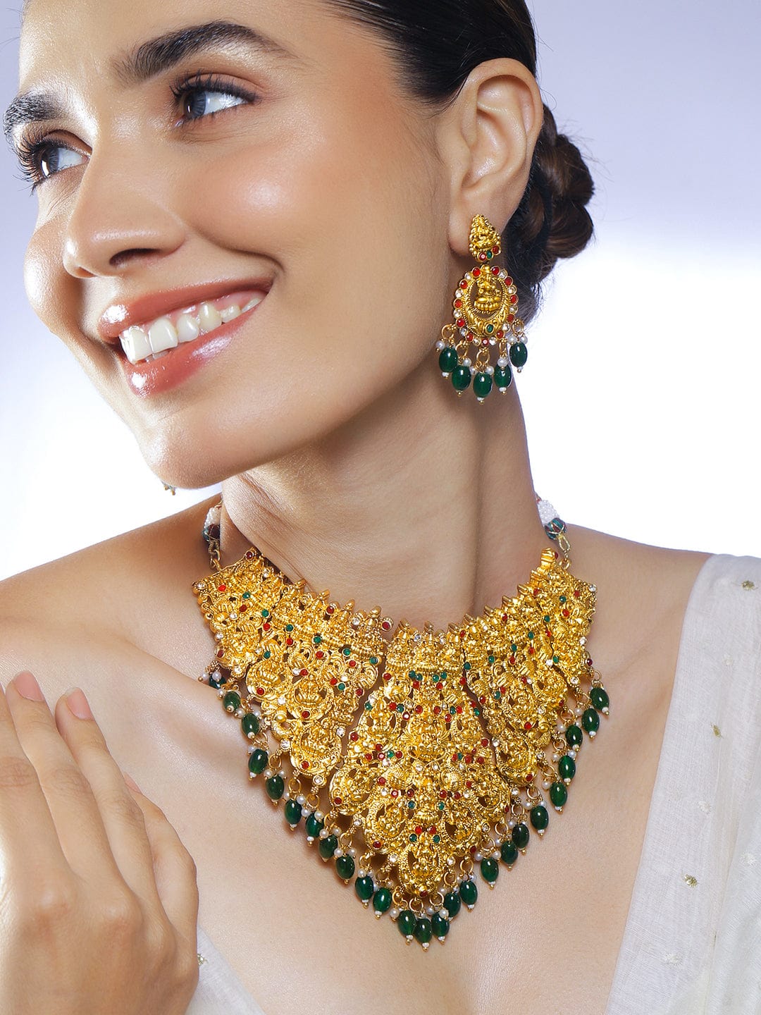 Rubans 22K Gold-Plated Ruby & Emerald Green Cubic Zirconia Studded Temple Choker Set with Green Pearls Beads Necklace Set