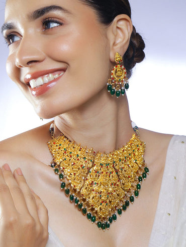 Rubans 22K Gold-Plated Ruby & Emerald Green Cubic Zirconia Studded Temple Choker Set with Green Pearls Beads Necklace Set