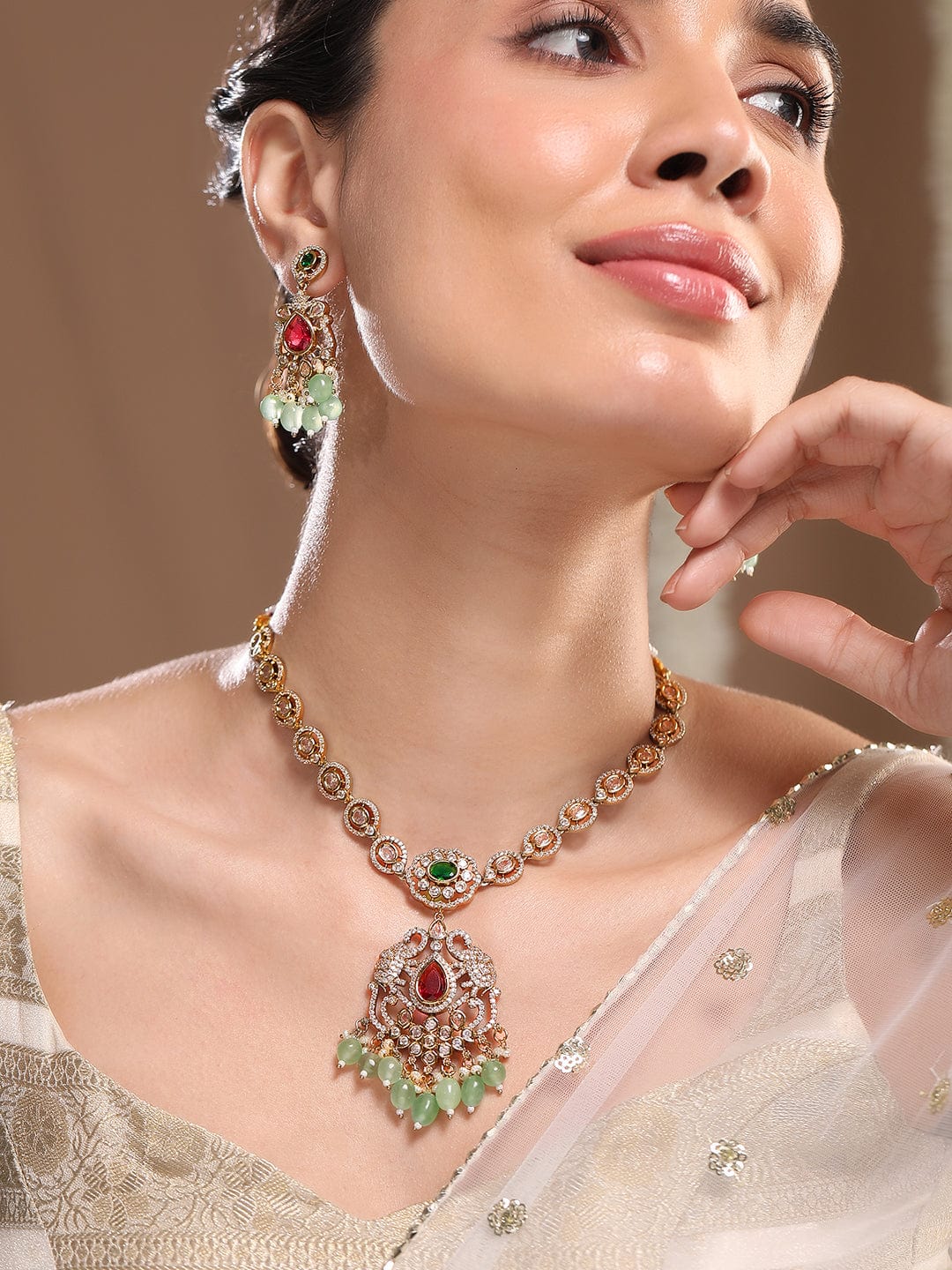Rubans 22K Gold-Plated Ruby, Emerald, Kundan, CZ Studded & Mint Green Beaded Necklace Set Jewellery Set
