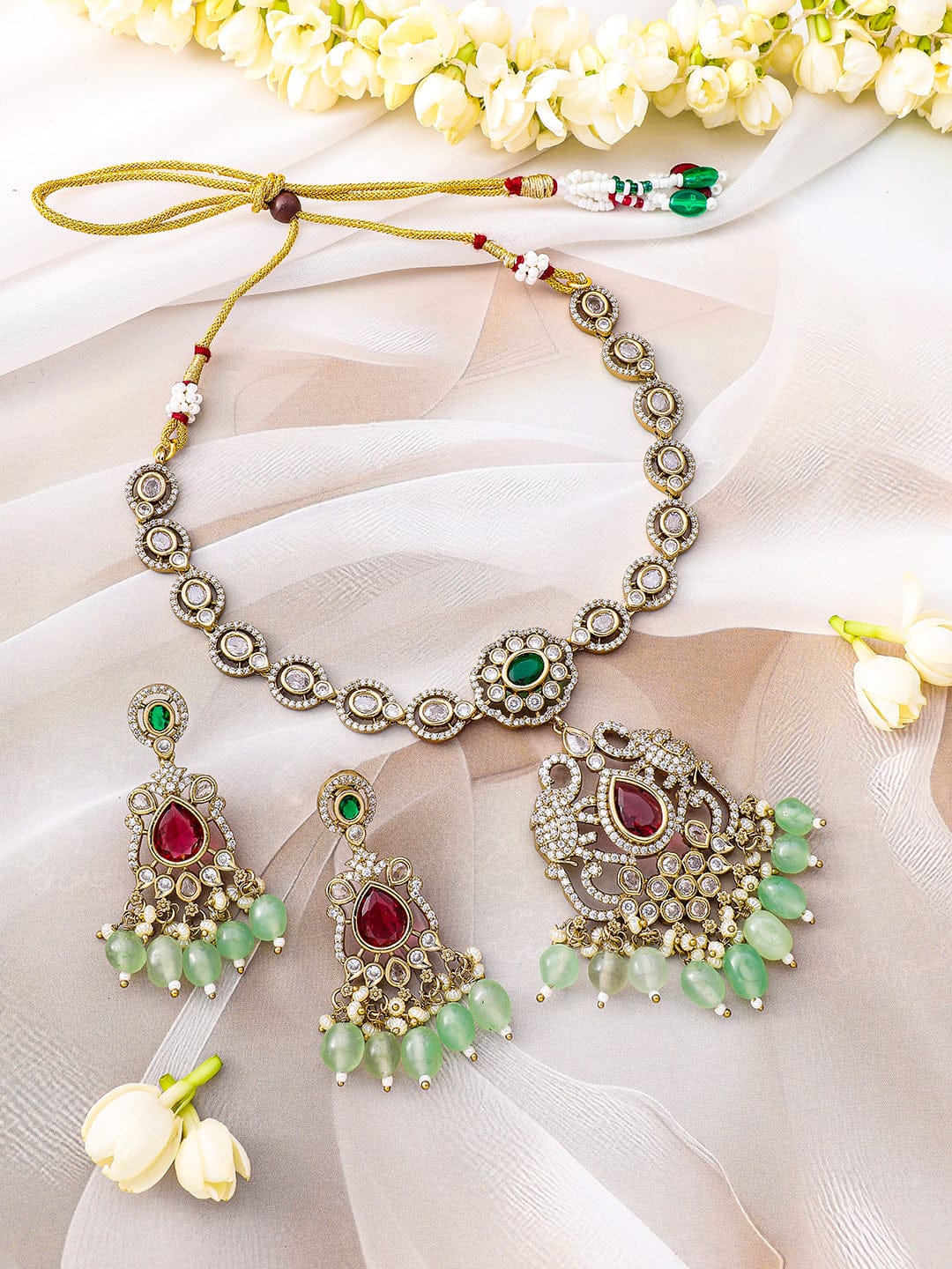 Rubans 22K Gold-Plated Ruby, Emerald, Kundan, CZ Studded & Mint Green Beaded Necklace Set Jewellery Set