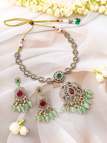 Rubans 22K Gold-Plated Ruby, Emerald, Kundan, CZ Studded & Mint Green Beaded Necklace Set Jewellery Set