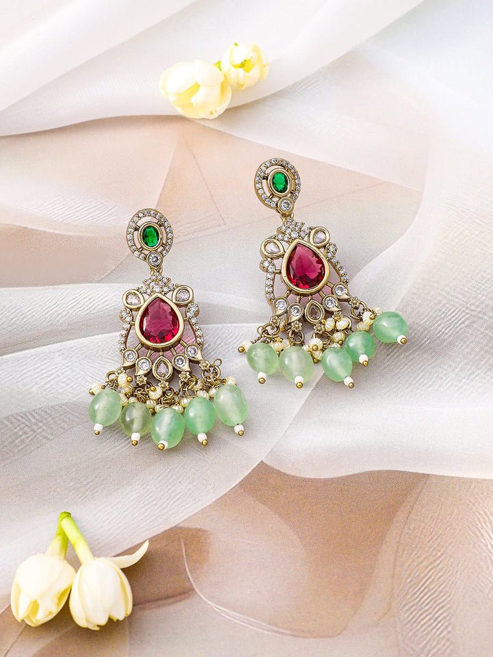 Rubans 22K Gold-Plated Ruby, Emerald, Kundan, CZ Studded & Mint Green Beaded Necklace Set Jewellery Set