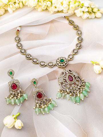 Rubans 22K Gold-Plated Ruby, Emerald, Kundan, CZ Studded & Mint Green Beaded Necklace Set Jewellery Set