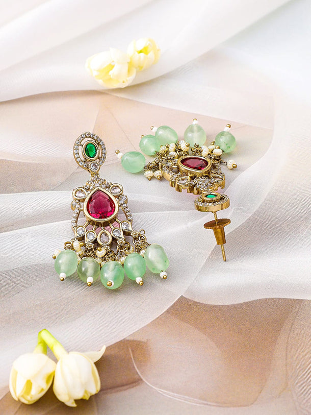Rubans 22K Gold-Plated Ruby, Emerald, Kundan, CZ Studded & Mint Green Beaded Necklace Set Jewellery Set