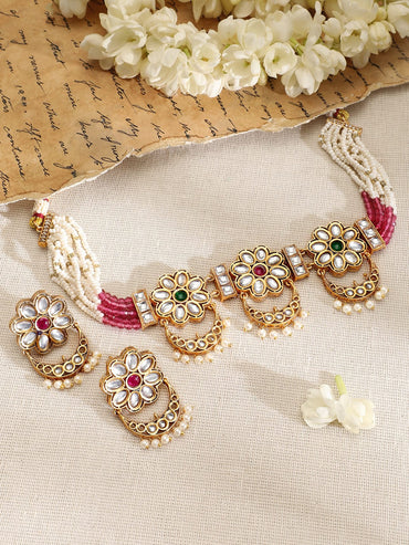 Rubans 22K Gold-Plated Ruby,Emerald,Kundan & Floral MultiStrand Choker Set with Pearl Drop Jewellery Set