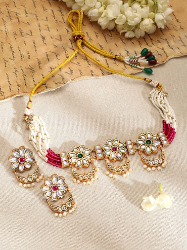 Rubans 22K Gold-Plated Ruby,Emerald,Kundan & Floral MultiStrand Choker Set with Pearl Drop Jewellery Set