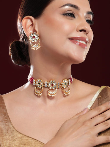 Rubans 22K Gold-Plated Ruby,Emerald,Kundan & Floral MultiStrand Choker Set with Pearl Drop Necklace Set