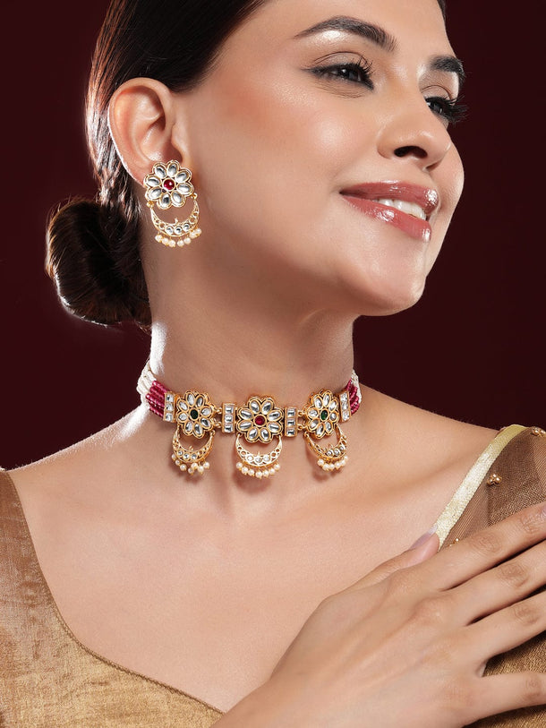 Rubans 22K Gold-Plated Ruby,Emerald,Kundan & Floral MultiStrand Choker Set with Pearl Drop Necklace Set