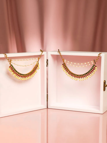 Rubans 22K Gold Plated Ruby & Emerald Kundan Studded Pearl Beaded Ear Extension Pair Earrings