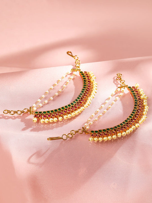 Rubans 22K Gold Plated Ruby & Emerald Kundan Studded Pearl Beaded Ear Extension Pair Earrings