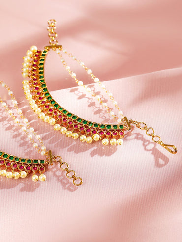 Rubans 22K Gold Plated Ruby & Emerald Kundan Studded Pearl Beaded Ear Extension Pair Earrings