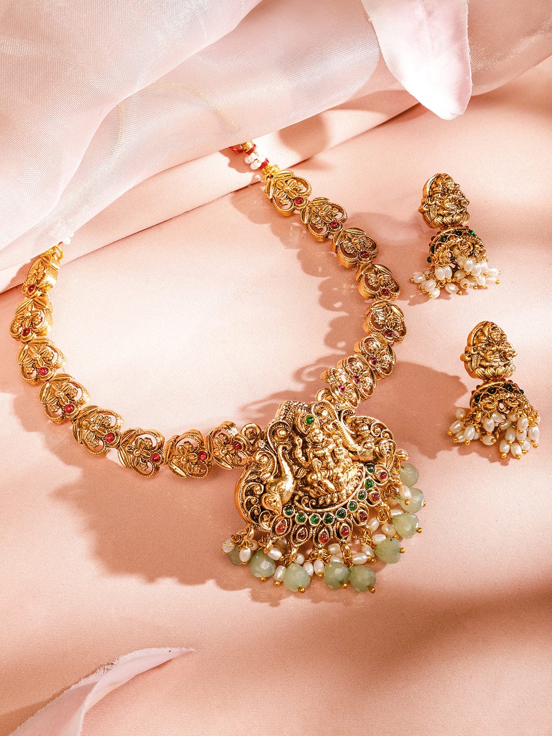 Rubans 22K Gold-Plated Ruby Emerald & Mint Green-White Beaded Lakshmi Temple Necklace Set for Women Jewellery Set