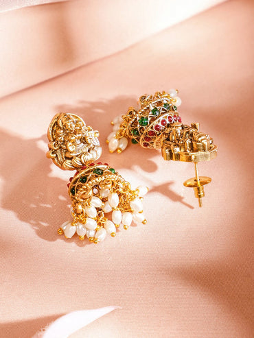 Rubans 22K Gold-Plated Ruby Emerald & Mint Green-White Beaded Lakshmi Temple Necklace Set for Women Jewellery Set