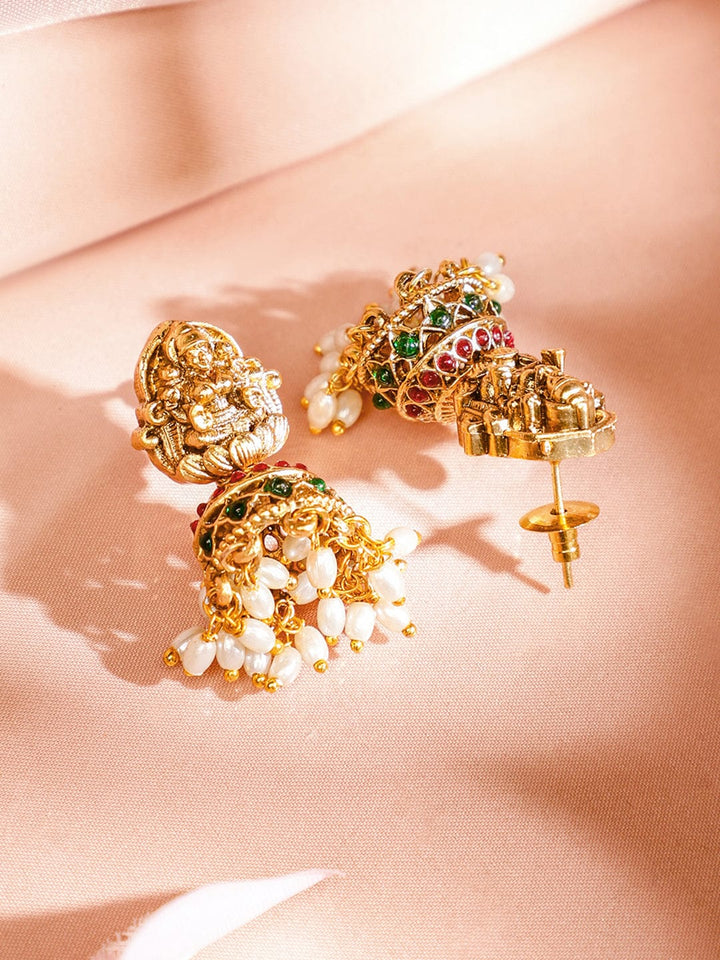 Rubans 22K Gold-Plated Ruby Emerald & Mint Green-White Beaded Lakshmi Temple Necklace Set for Women Jewellery Set