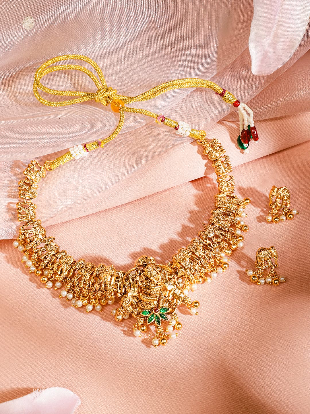 Rubans 22K Gold-Plated Ruby Emerald & Pearl Beaded Divine Ganesh Temple Necklace Set for Women Jewellery Set