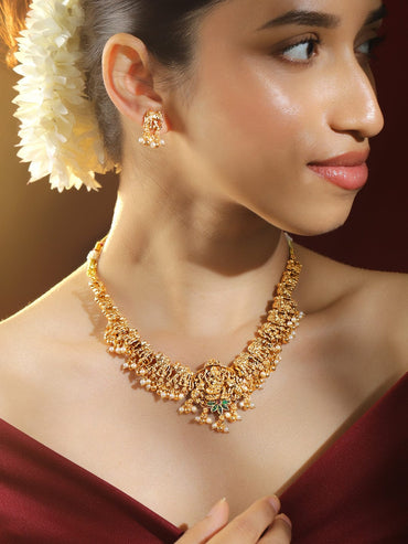 Rubans 22K Gold-Plated Ruby Emerald & Pearl Beaded Divine Ganesh Temple Necklace Set for Women Necklace Set