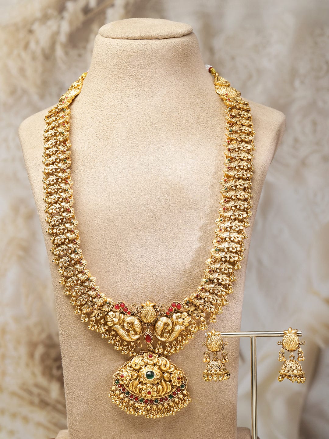 Rubans 22K Gold-Plated Ruby & Emerald Stone Divine Lakshmi Motif Long Temple Jewellery Set Necklace Set