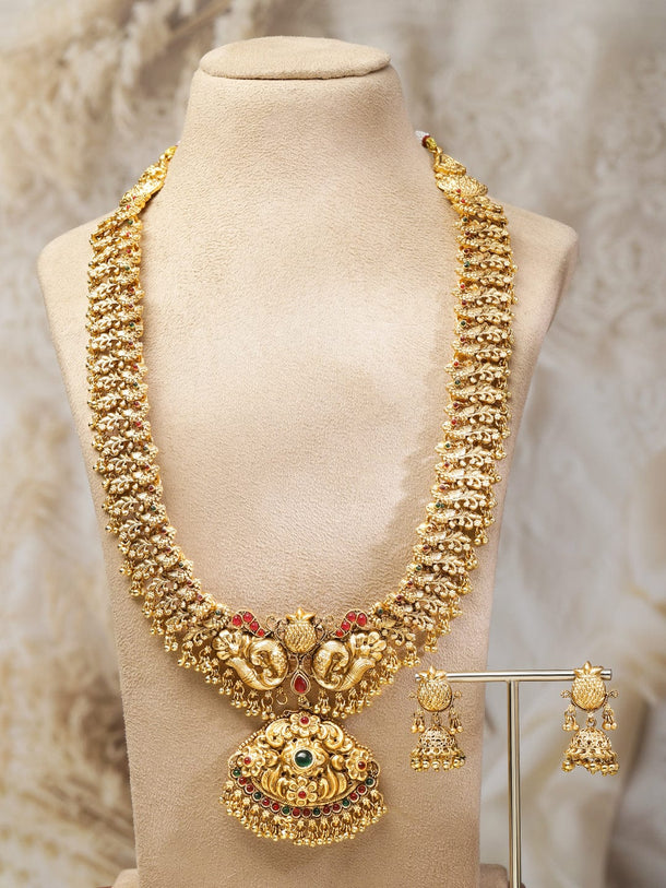 Rubans 22K Gold-Plated Ruby & Emerald Stone Divine Lakshmi Motif Long Temple Jewellery Set Necklace Set