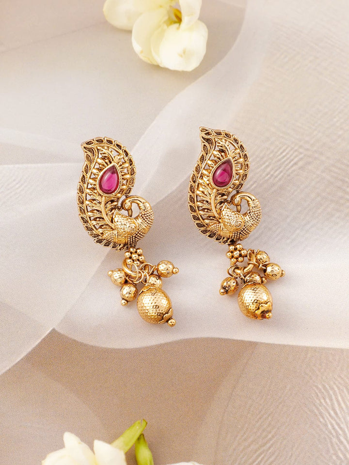 Rubans 22K Gold-Plated Ruby & Emerald Stone Handcrafted Necklace Set with Golden Beads Jewellery Set