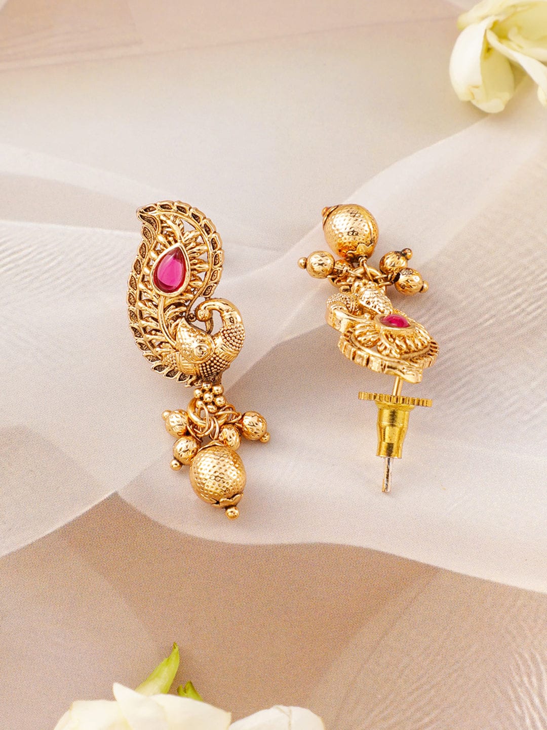 Rubans 22K Gold-Plated Ruby & Emerald Stone Handcrafted Necklace Set with Golden Beads Jewellery Set