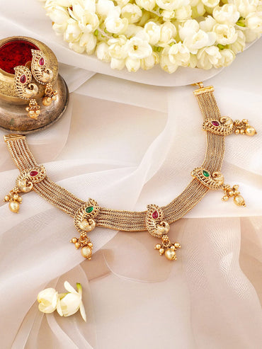 Rubans 22K Gold-Plated Ruby & Emerald Stone Handcrafted Necklace Set with Golden Beads Jewellery Set