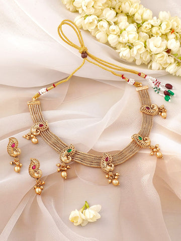 Rubans 22K Gold-Plated Ruby & Emerald Stone Handcrafted Necklace Set with Golden Beads Jewellery Set