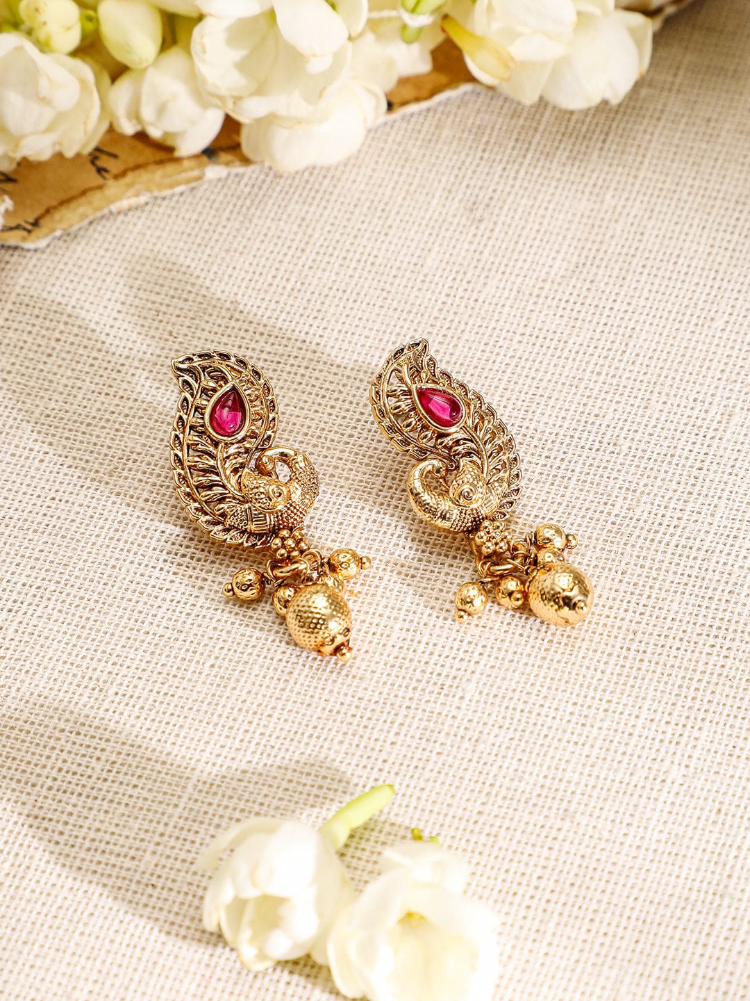 Rubans 22K Gold-Plated Ruby & Emerald Stone Handcrafted Necklace Set with Traditional Paisley Motif Jewellery Set