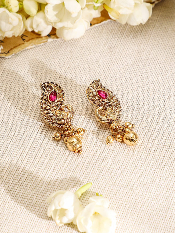 Rubans 22K Gold-Plated Ruby & Emerald Stone Handcrafted Necklace Set with Traditional Paisley Motif Jewellery Set