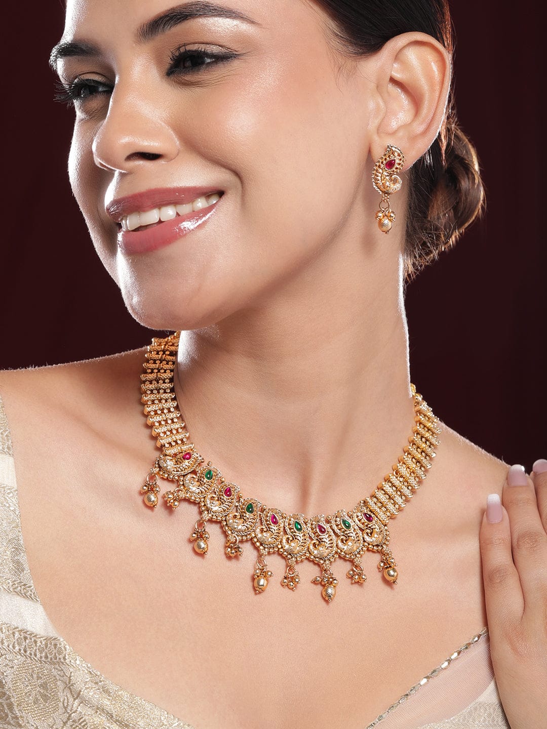 Rubans 22K Gold-Plated Ruby & Emerald Stone Handcrafted Necklace Set with Traditional Paisley Motif Jewellery Set