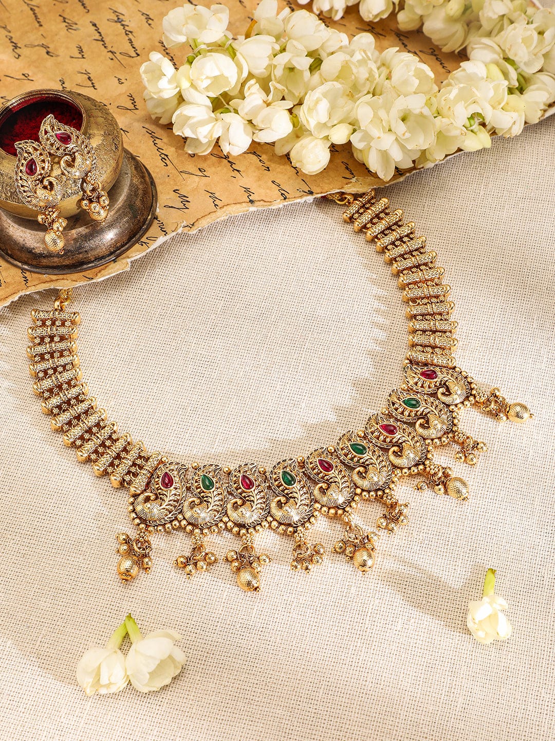 Rubans 22K Gold-Plated Ruby & Emerald Stone Handcrafted Necklace Set with Traditional Paisley Motif Jewellery Set