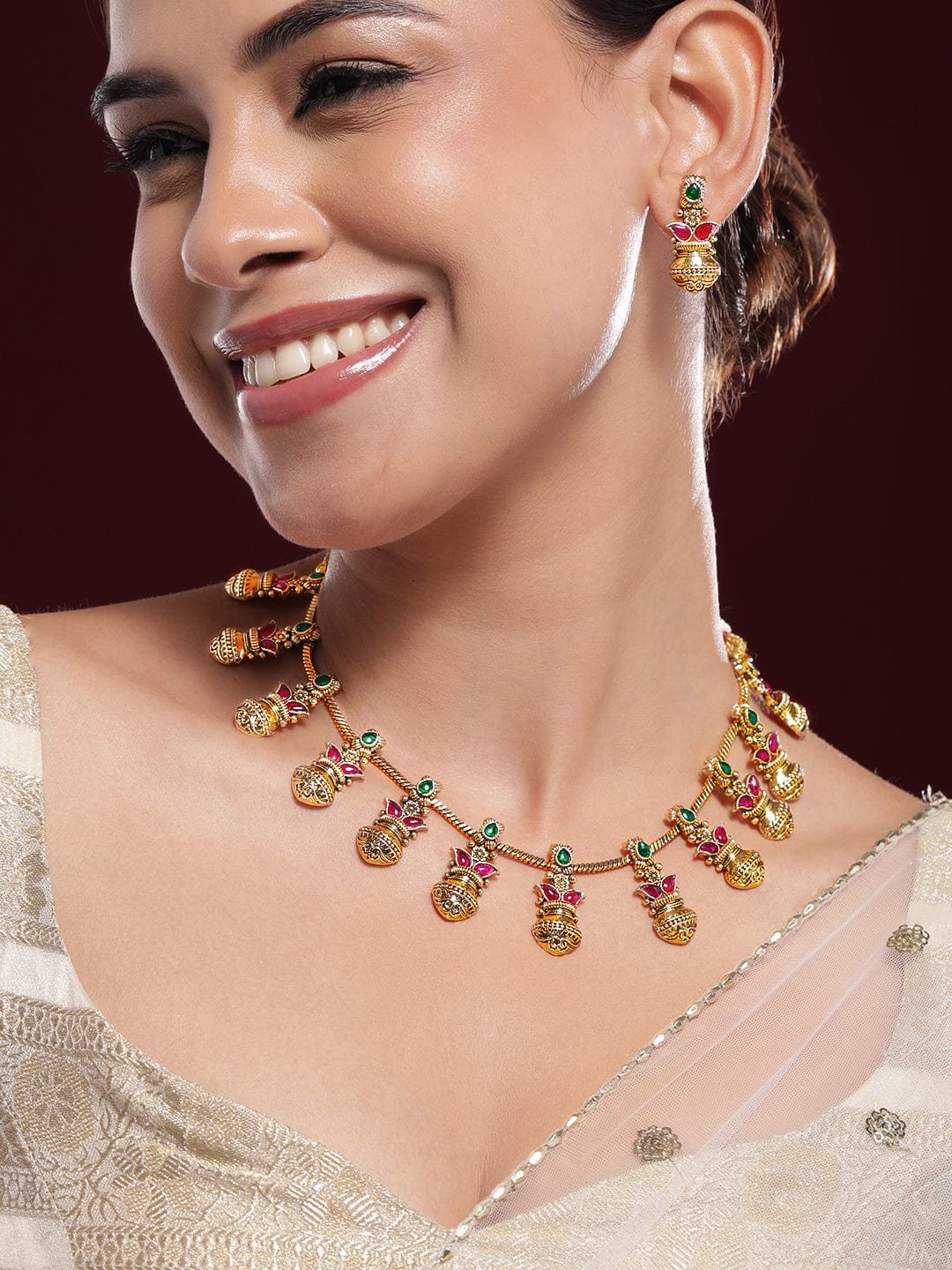 Rubans 22K Gold-Plated Ruby & Emerald Stone Handcrafted Traditional Necklace Set Necklace set