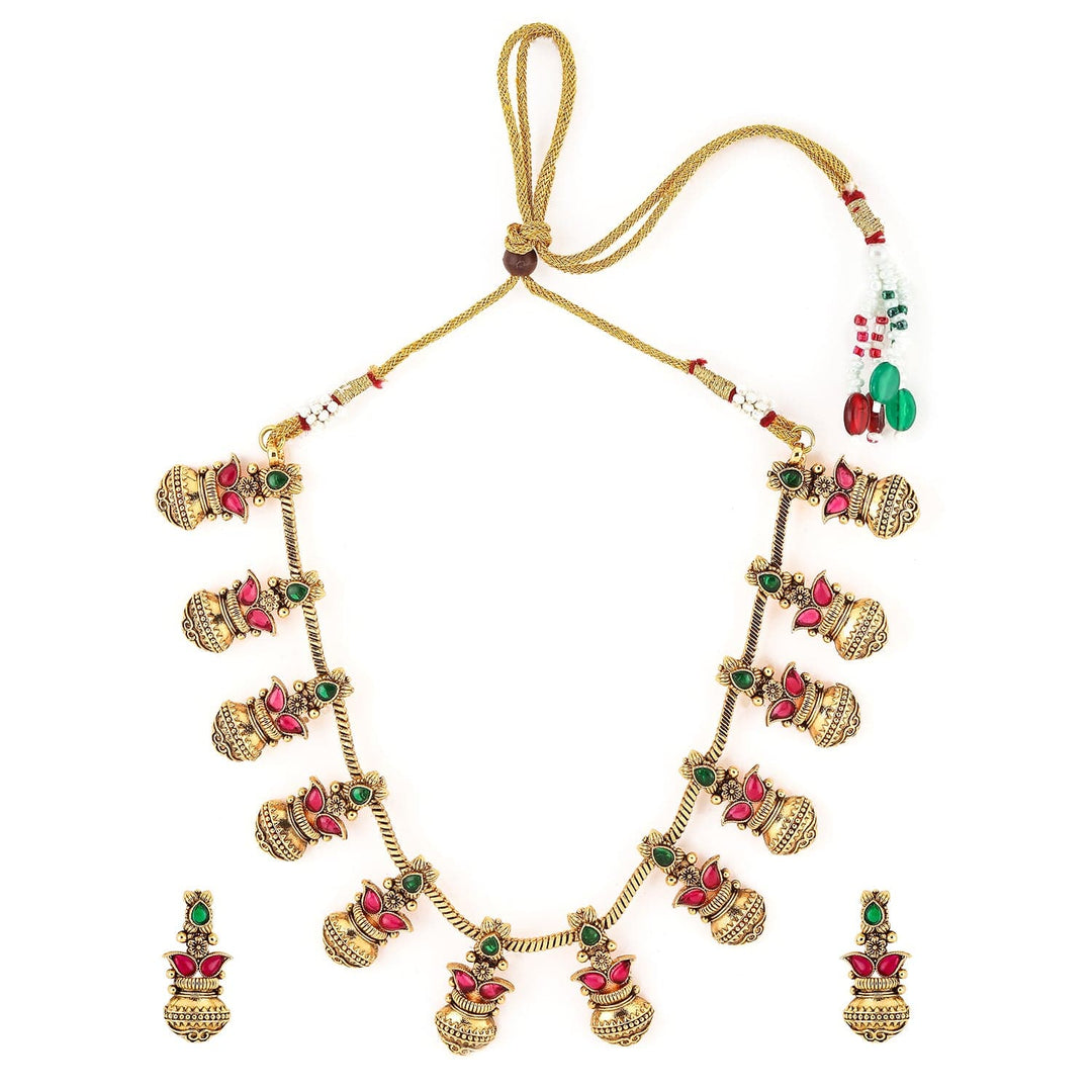 Rubans 22K Gold-Plated Ruby & Emerald Stone Handcrafted Traditional Necklace Set Necklace set